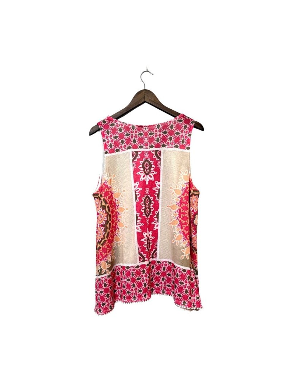 Bohemian Sleeveless Tank Top With Pom Pom Trim Pink & Beige Womens Size L - Picture 2 of 4
